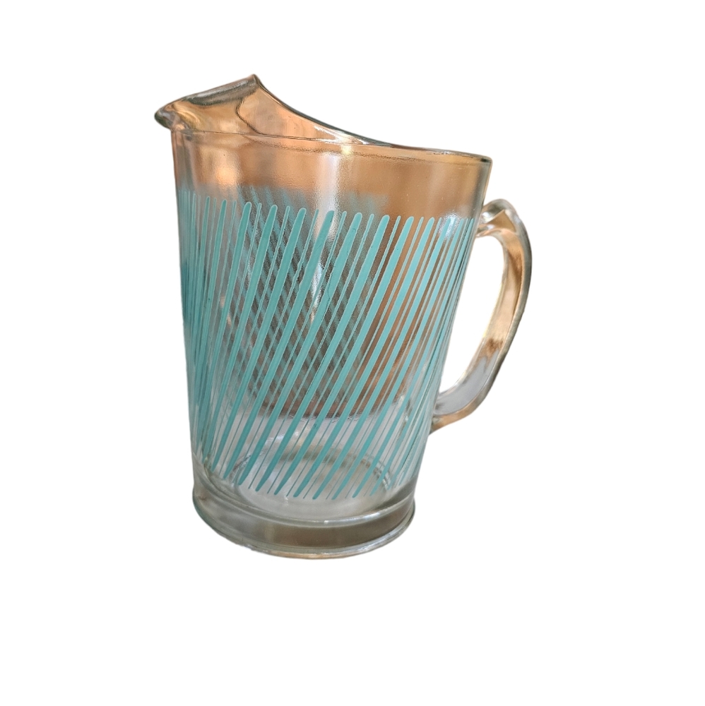 Mid Century Turquoise Candy Striped Glass Pitcher